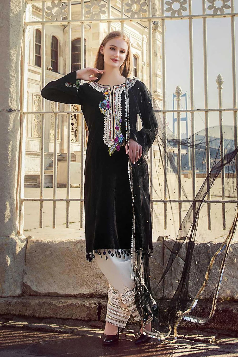 Khuda Baksh | Jet Black Hand Embroidered Pure Khadi Doria Cotton Luxury Pret | 3-Piece Ready to Wear