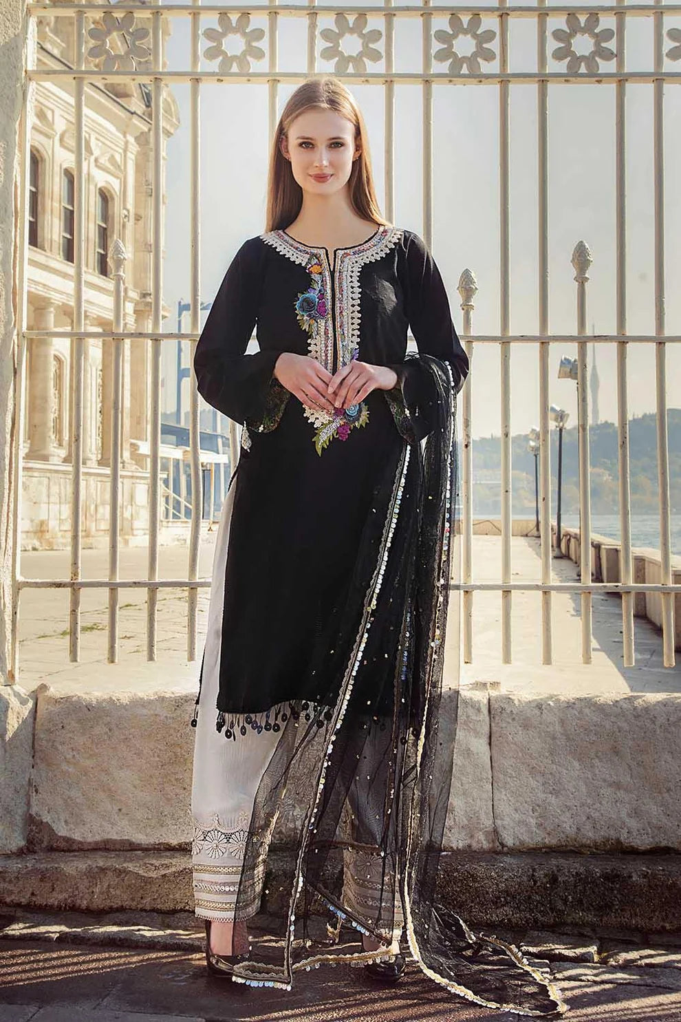 Khuda Baksh | Jet Black Hand Embroidered Pure Khadi Doria Cotton Luxury Pret | 3-Piece Ready to Wear