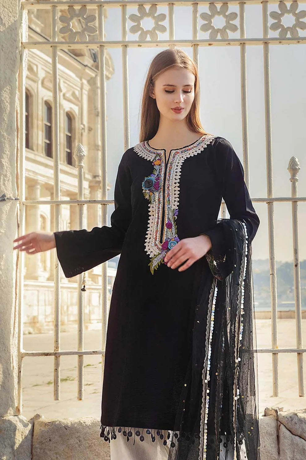 Khuda Baksh | Jet Black Hand Embroidered Pure Khadi Doria Cotton Luxury Pret | 3-Piece Ready to Wear