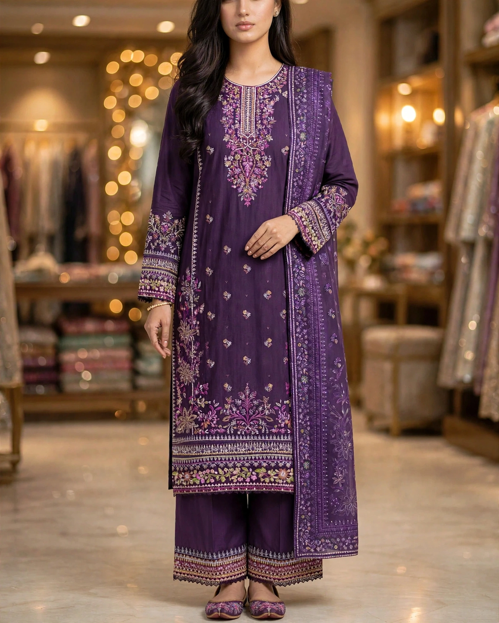 Midnight Plum | Pure Cotton Long Shirt & Palazzo Set | Digital Dupatta | Sequence Tilla & Zari Work | Festive Edit