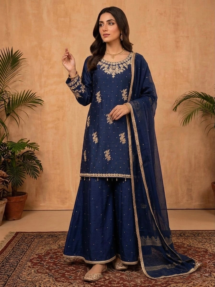 Midnight Blue | Handcrafted Slub Silk Sharara Set | Luxury Pret | 3 Pc