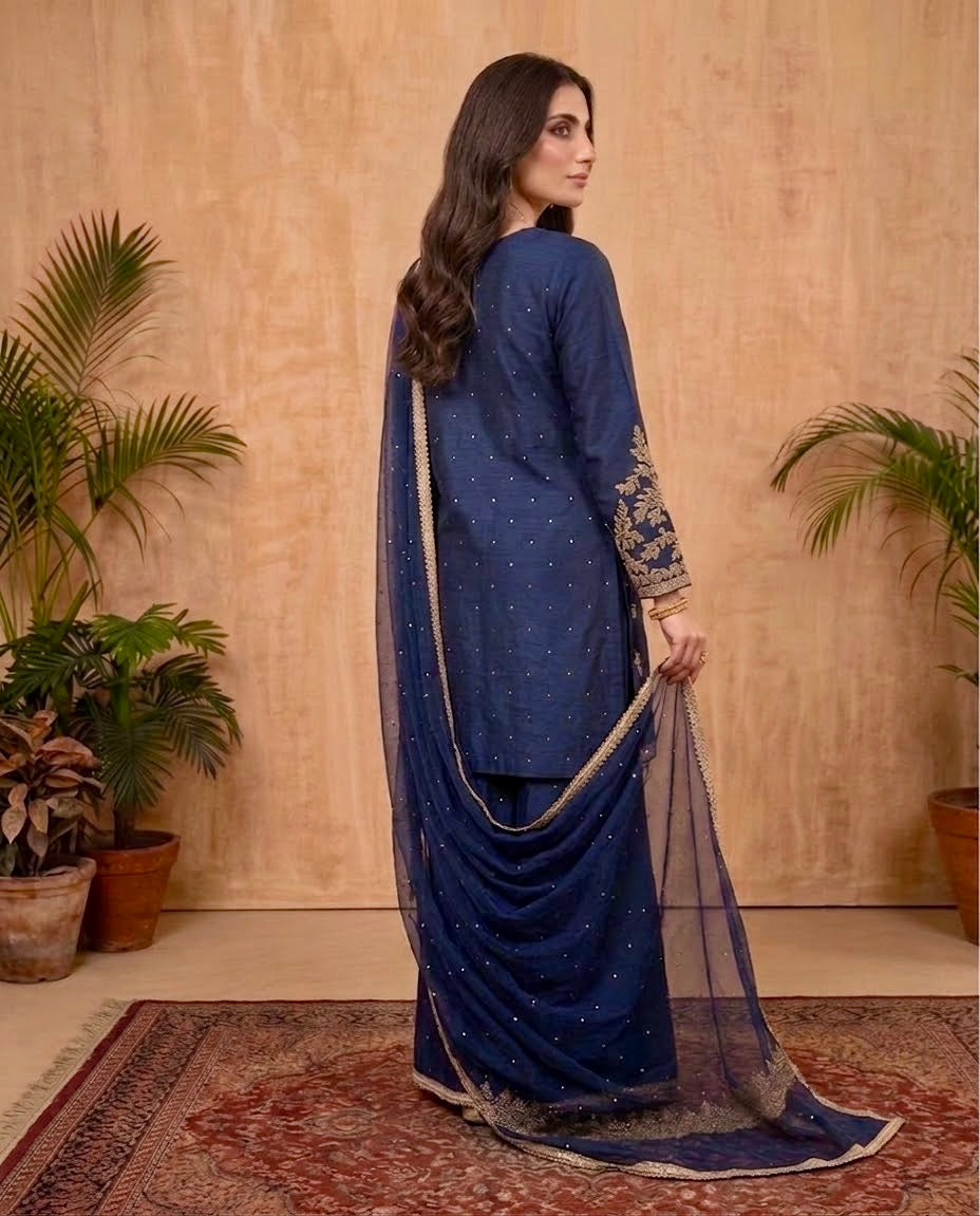 Midnight Blue | Handcrafted Slub Silk Sharara Set | Luxury Pret | 3 Pc