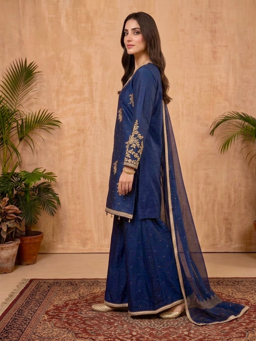 Midnight Blue | Handcrafted Slub Silk Sharara Set | Luxury Pret | 3 Pc