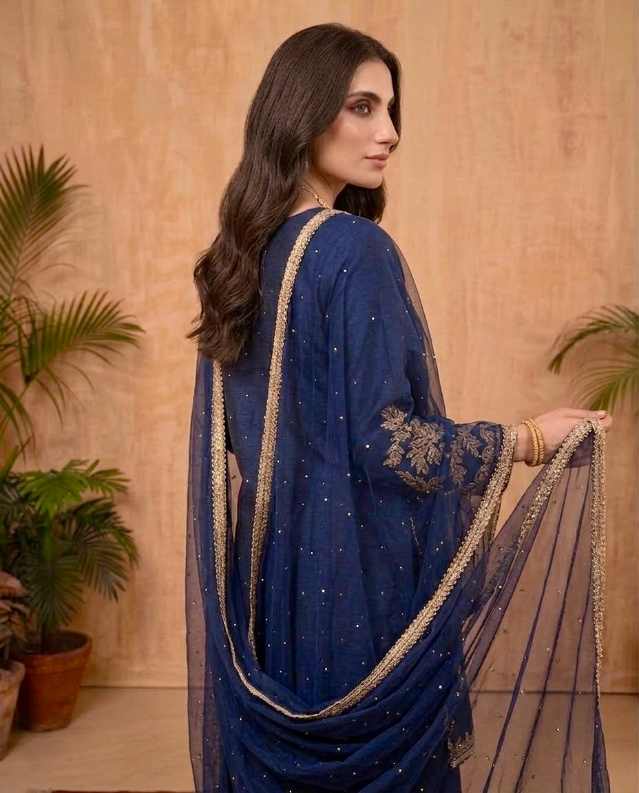 Midnight Blue | Handcrafted Slub Silk Sharara Set | Luxury Pret | 3 Pc
