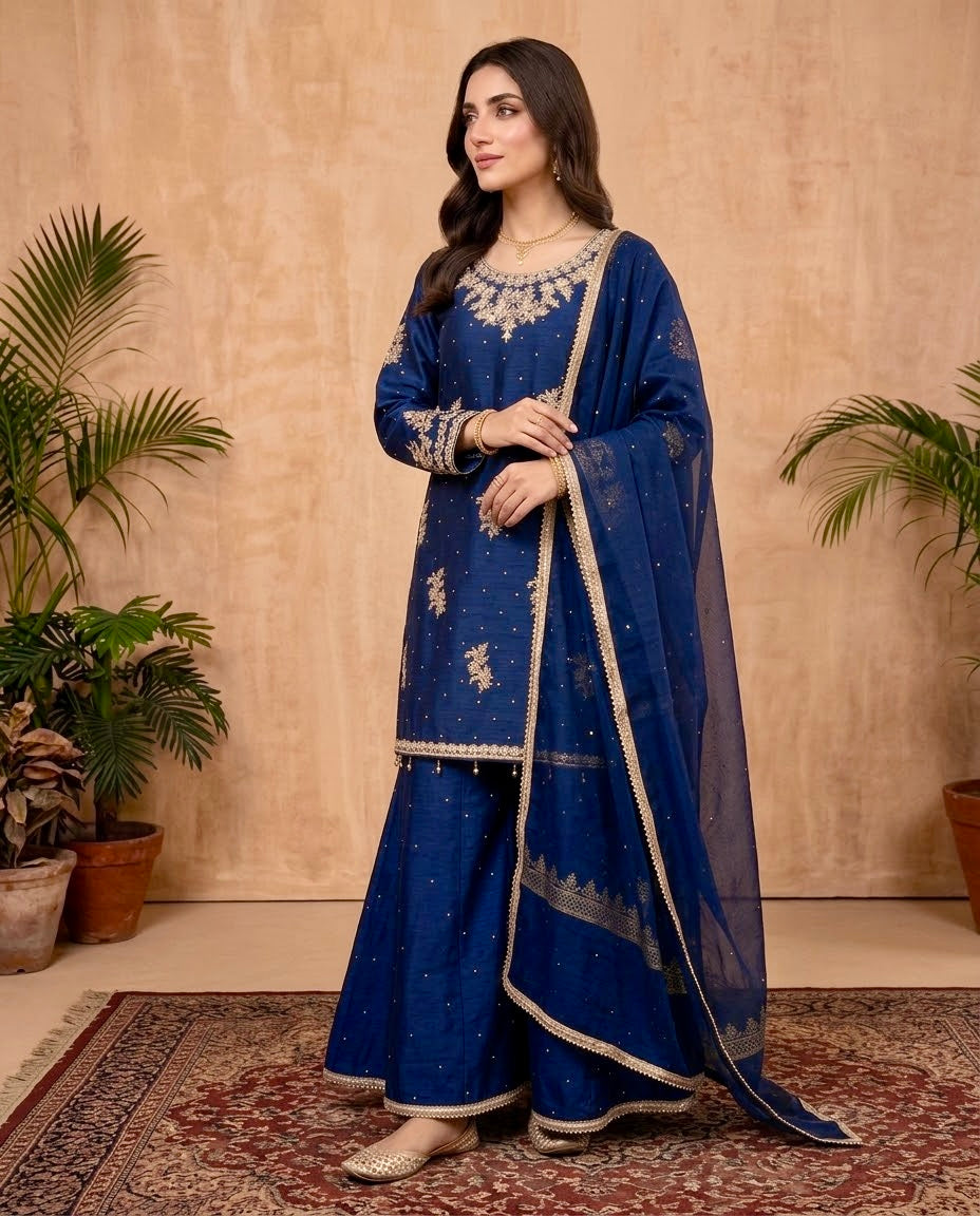 Midnight Blue | Handcrafted Slub Silk Sharara Set | Luxury Pret | 3 Pc