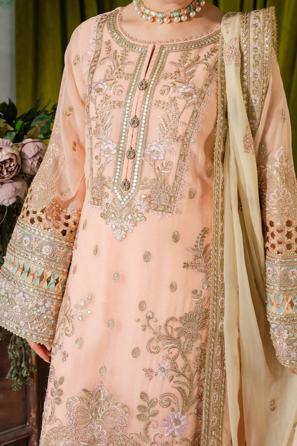 IMROZIA | Peach & Cream | Embroidered Chiffon | Luxury Pret | 3 Pc | Ready to Wear