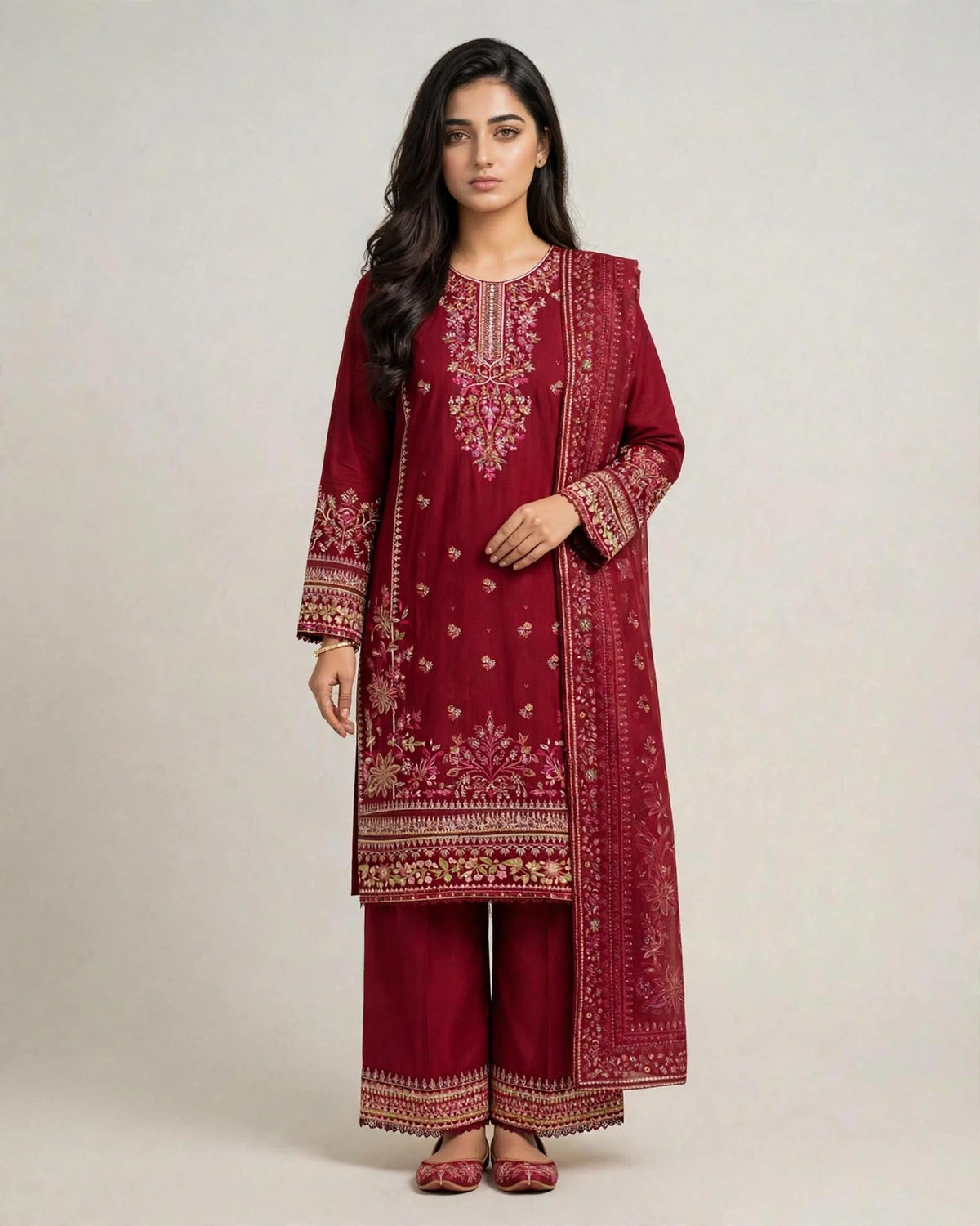 Ruby Red | Pure Cotton Long Shirt & Palazzo Set | Digital Dupatta | Heavy Sequence Tilla Zari | Festive Collection