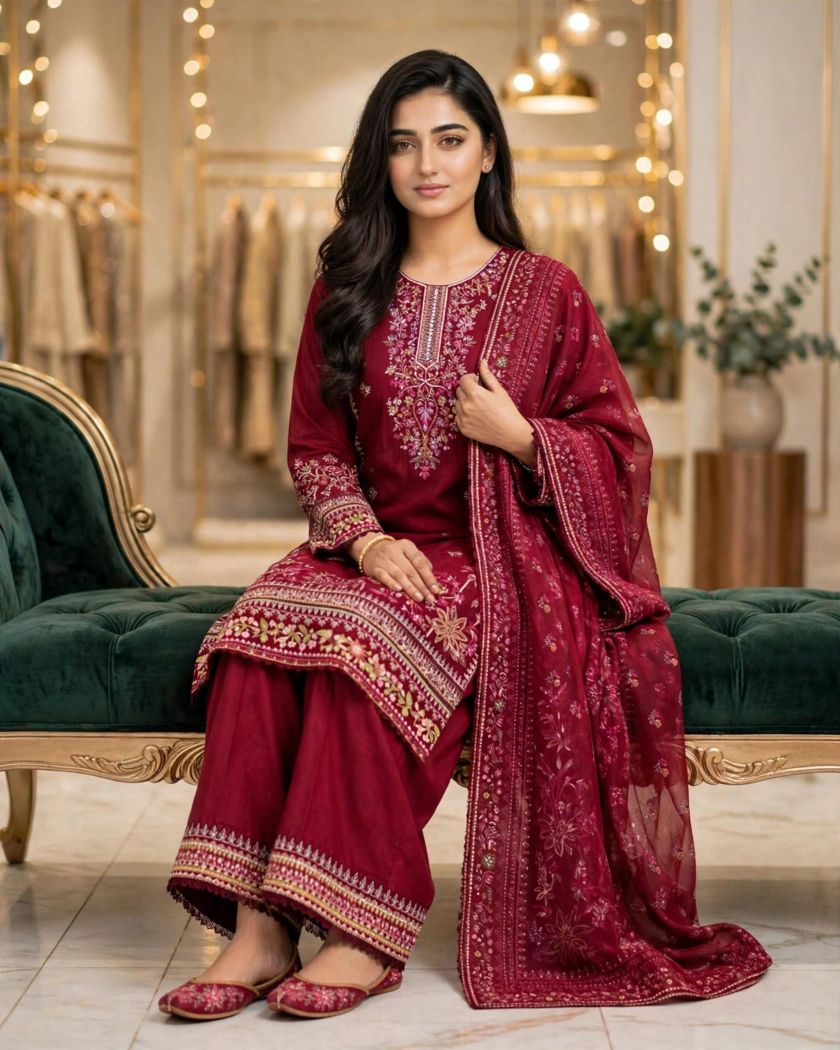 Ruby Red | Pure Cotton Long Shirt & Palazzo Set | Digital Dupatta | Heavy Sequence Tilla Zari | Festive Collection