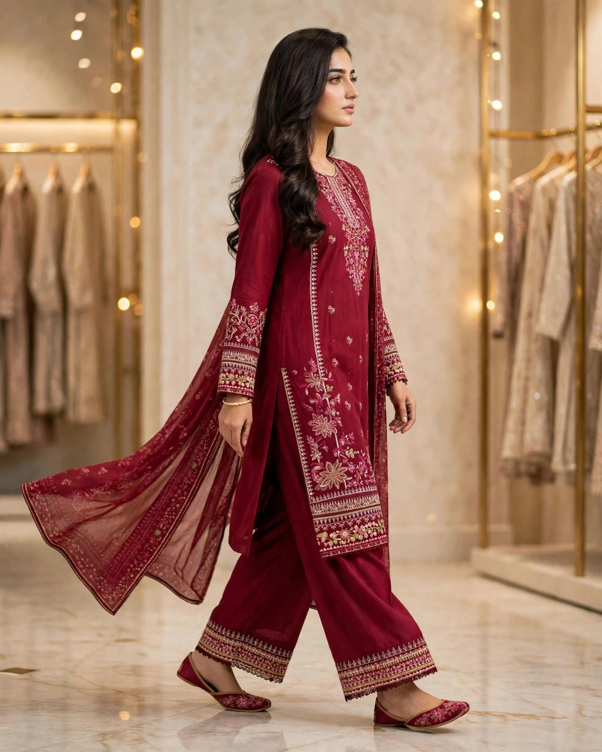 Ruby Red | Pure Cotton Long Shirt & Palazzo Set | Digital Dupatta | Heavy Sequence Tilla Zari | Festive Collection