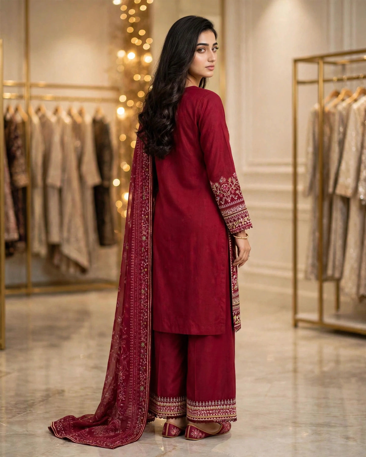 Ruby Red | Pure Cotton Long Shirt & Palazzo Set | Digital Dupatta | Heavy Sequence Tilla Zari | Festive Collection