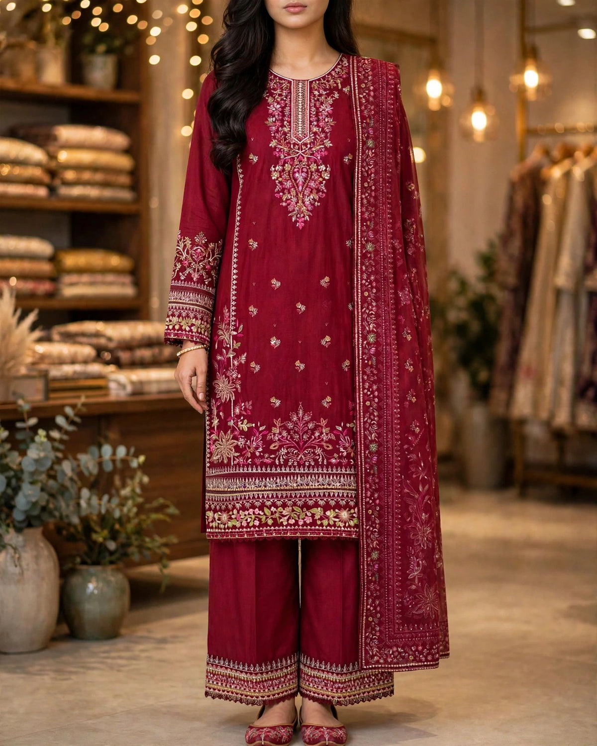 Ruby Red | Pure Cotton Long Shirt & Palazzo Set | Digital Dupatta | Heavy Sequence Tilla Zari | Festive Collection