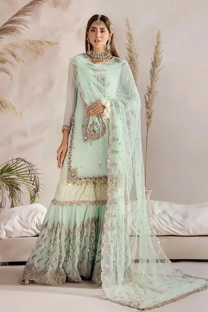 Khuda Baksh | Turquoise Kora Dabka & Gotta Handwork Pure Chiffon Sharara Suit | Luxury Wedding Pret | 3-Piece Ready to Wear