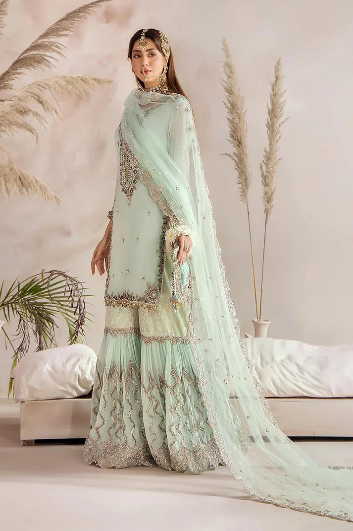 Khuda Baksh | Turquoise Kora Dabka & Gotta Handwork Pure Chiffon Sharara Suit | Luxury Wedding Pret | 3-Piece Ready to Wear