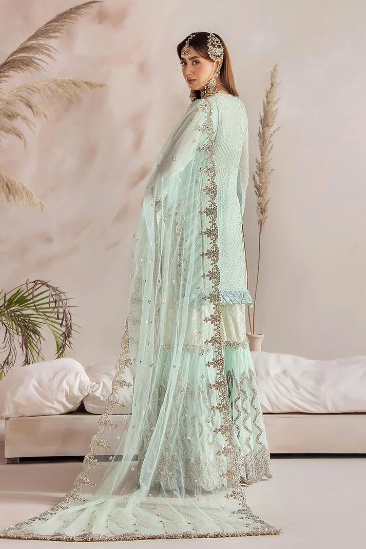 Khuda Baksh | Turquoise Kora Dabka & Gotta Handwork Pure Chiffon Sharara Suit | Luxury Wedding Pret | 3-Piece Ready to Wear