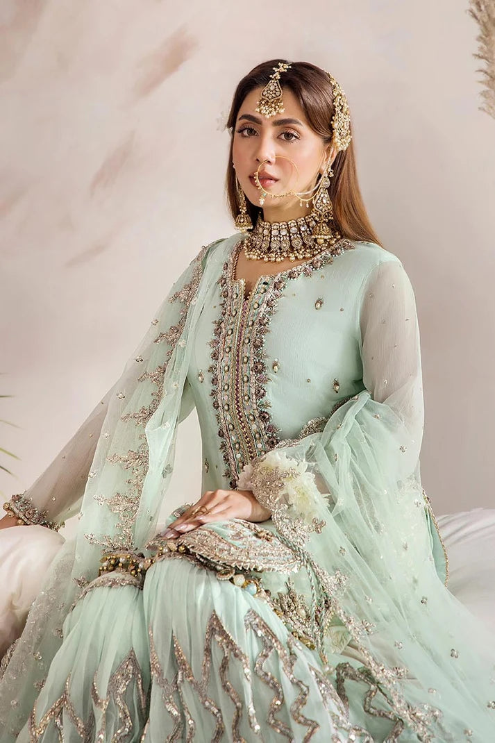 Khuda Baksh | Turquoise Kora Dabka & Gotta Handwork Pure Chiffon Sharara Suit | Luxury Wedding Pret | 3-Piece Ready to Wear