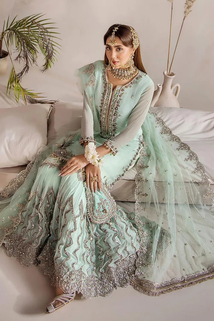 Khuda Baksh | Turquoise Kora Dabka & Gotta Handwork Pure Chiffon Sharara Suit | Luxury Wedding Pret | 3-Piece Ready to Wear