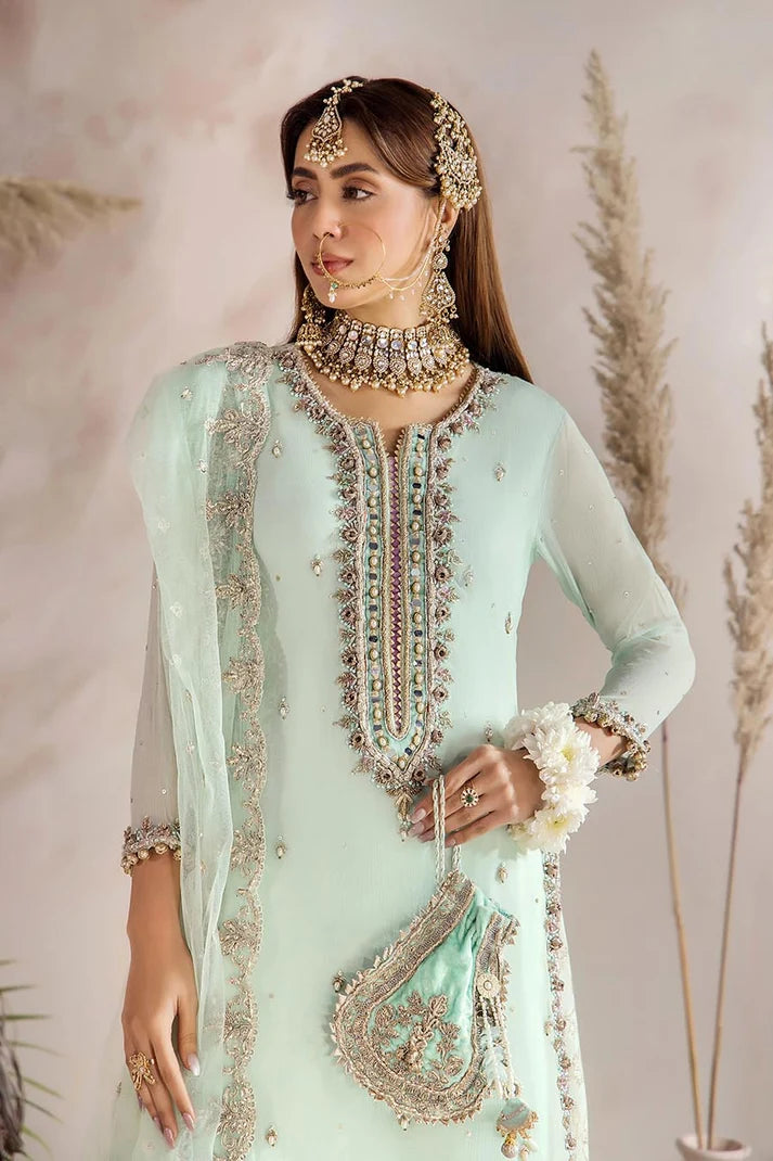 Khuda Baksh | Turquoise Kora Dabka & Gotta Handwork Pure Chiffon Sharara Suit | Luxury Wedding Pret | 3-Piece Ready to Wear