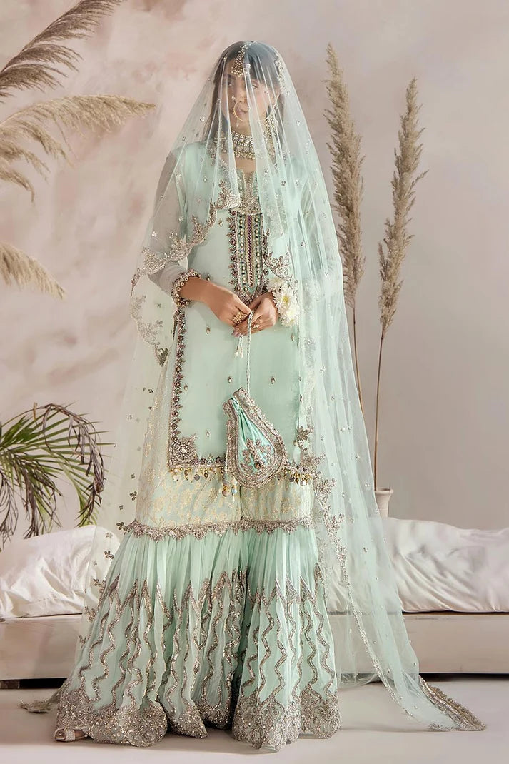 Khuda Baksh | Turquoise Kora Dabka & Gotta Handwork Pure Chiffon Sharara Suit | Luxury Wedding Pret | 3-Piece Ready to Wear
