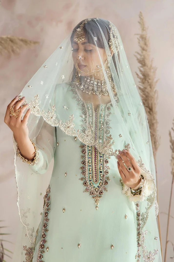 Khuda Baksh | Turquoise Kora Dabka & Gotta Handwork Pure Chiffon Sharara Suit | Luxury Wedding Pret | 3-Piece Ready to Wear