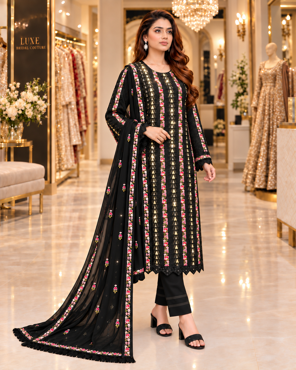 Black | Premium Chiffon | Floral Embroidery, Sequins & Tilla Zari Work | 3 Piece Suit