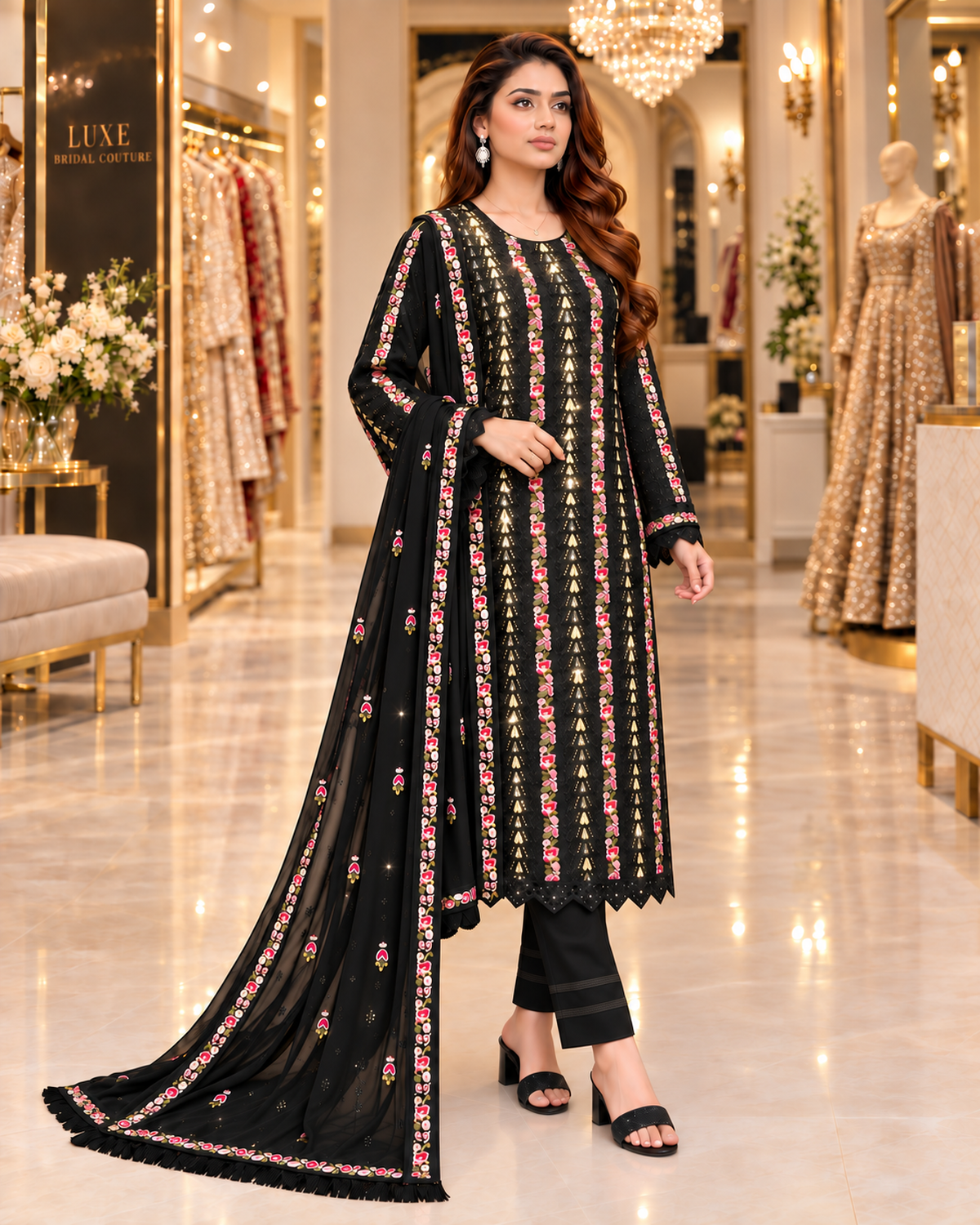 Black | Premium Chiffon | Floral Embroidery, Sequins & Tilla Zari Work | 3 Piece Suit