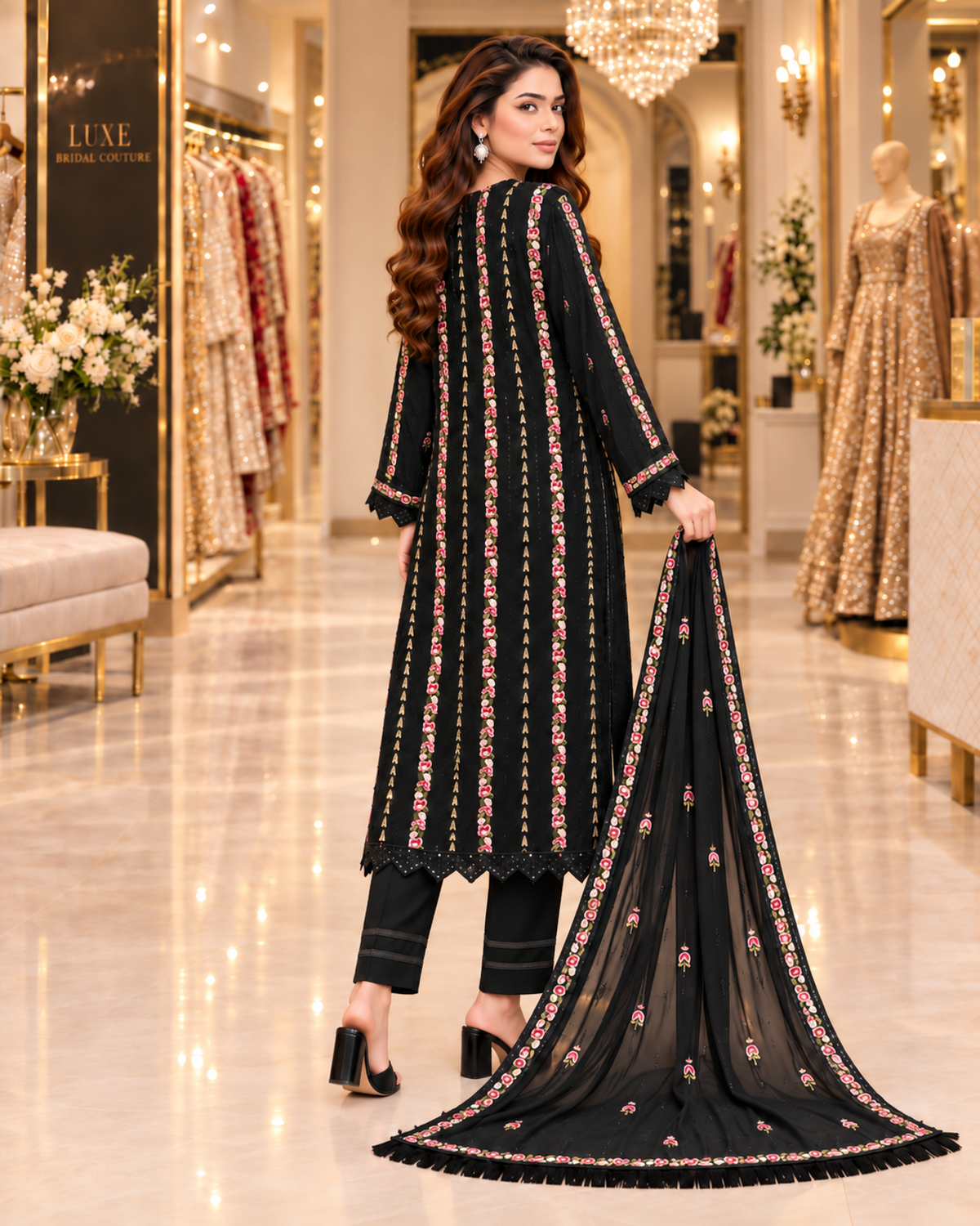 Black | Premium Chiffon | Floral Embroidery, Sequins & Tilla Zari Work | 3 Piece Suit