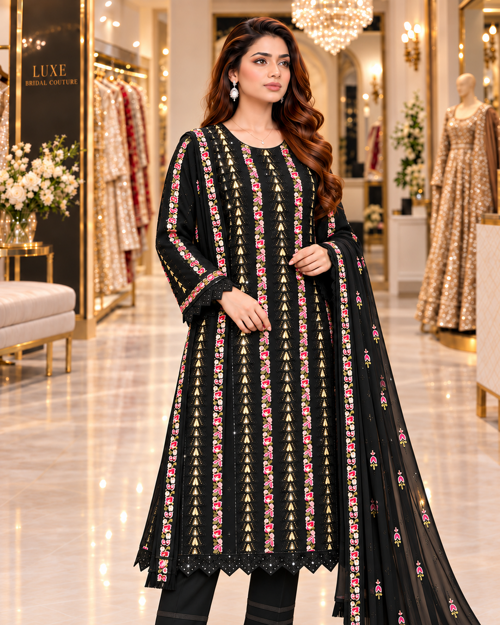 Black | Premium Chiffon | Floral Embroidery, Sequins & Tilla Zari Work | 3 Piece Suit