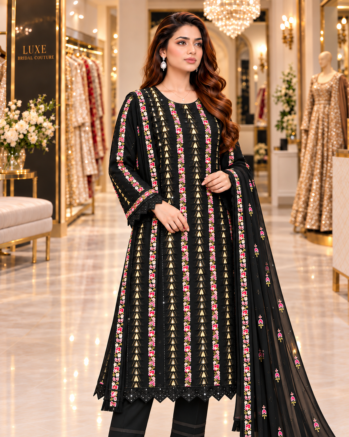 Black | Premium Chiffon | Floral Embroidery, Sequins & Tilla Zari Work | 3 Piece Suit