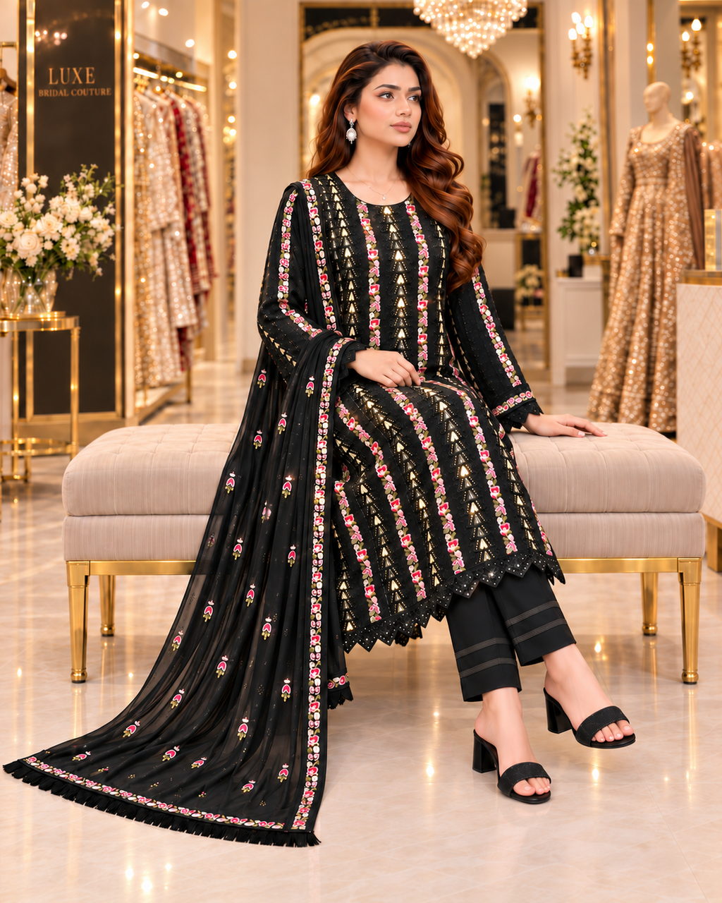 Black | Premium Chiffon | Floral Embroidery, Sequins & Tilla Zari Work | 3 Piece Suit
