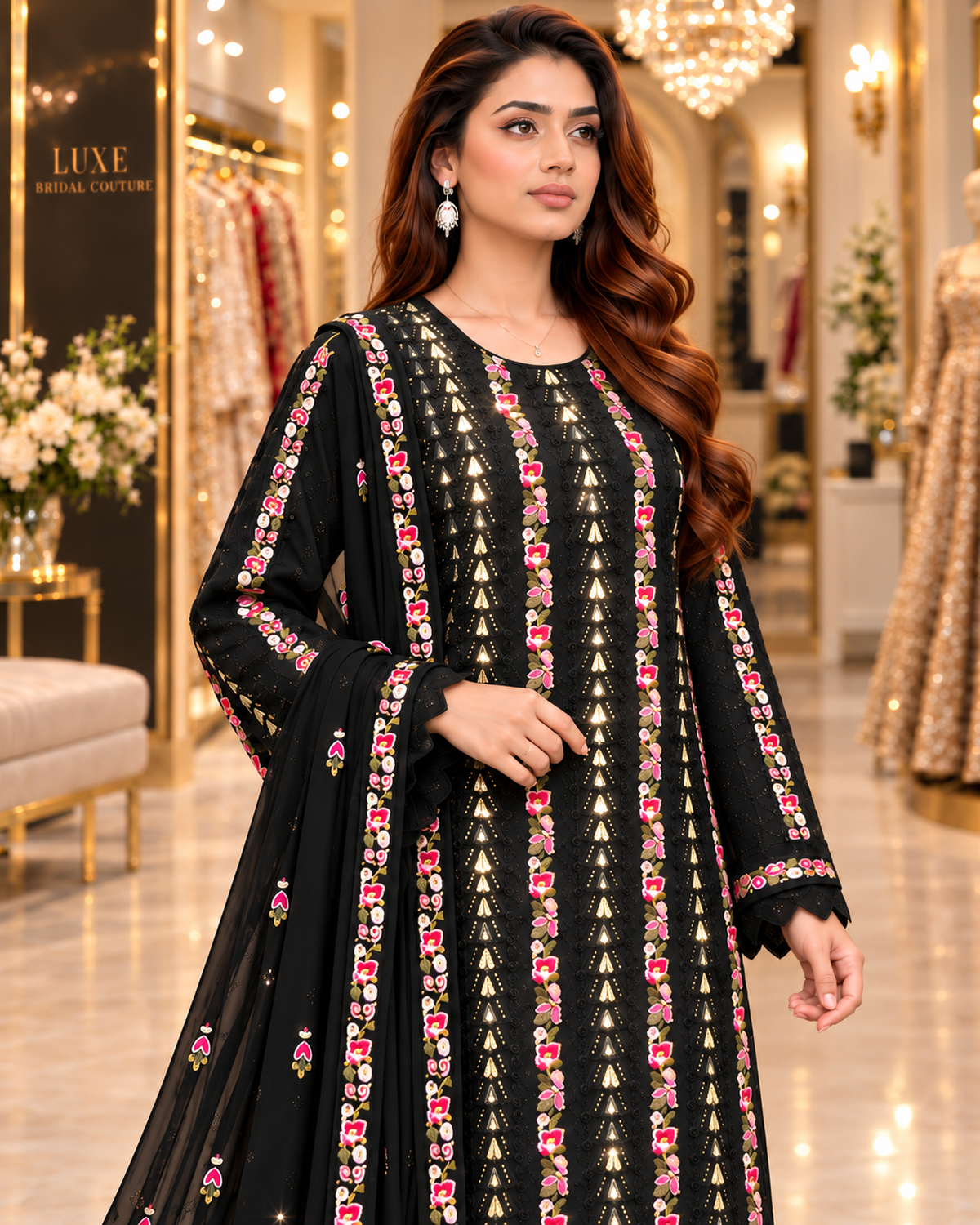 Black | Premium Chiffon | Floral Embroidery, Sequins & Tilla Zari Work | 3 Piece Suit
