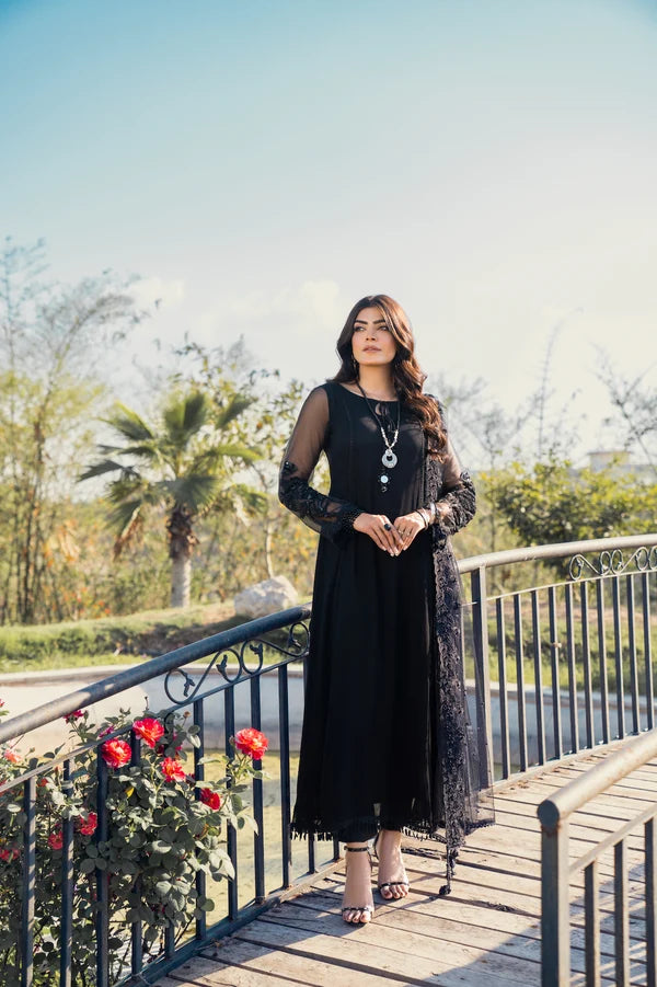 Khuda Baksh | Jet Black Hand Embroidered Pure Crinkle Chiffon Luxury Pret | 3-Piece Ready to Wear