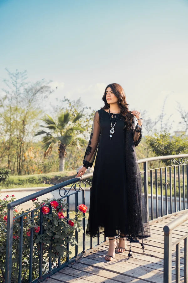 Khuda Baksh | Jet Black Hand Embroidered Pure Crinkle Chiffon Luxury Pret | 3-Piece Ready to Wear