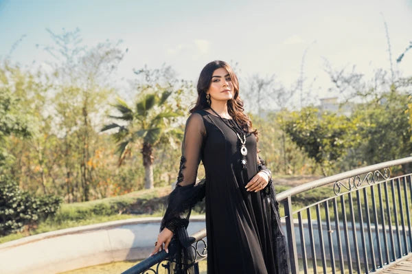 Khuda Baksh | Jet Black Hand Embroidered Pure Crinkle Chiffon Luxury Pret | 3-Piece Ready to Wear