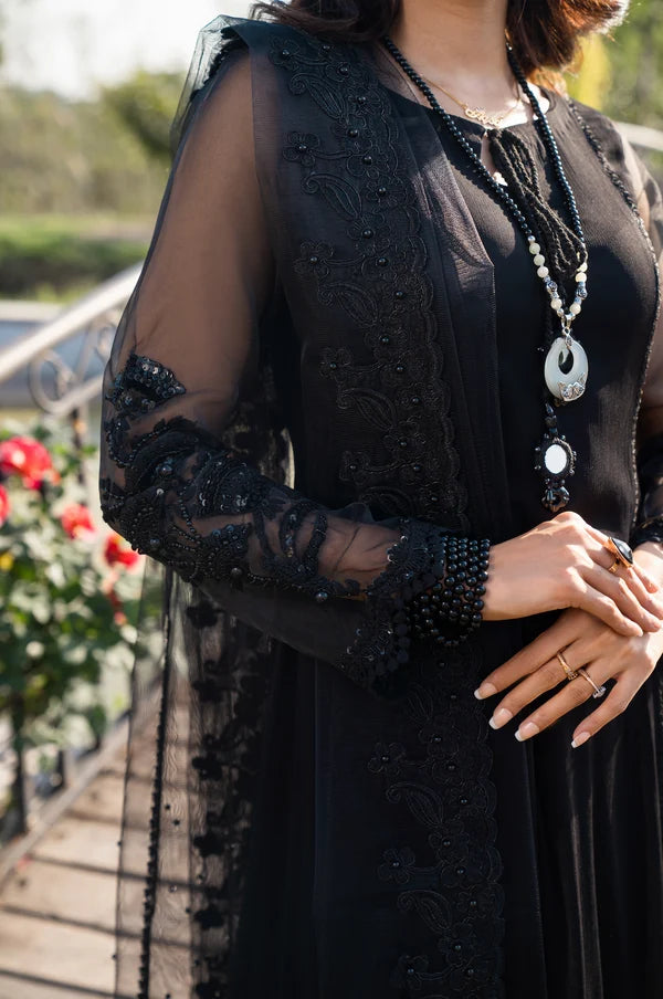 Khuda Baksh | Jet Black Hand Embroidered Pure Crinkle Chiffon Luxury Pret | 3-Piece Ready to Wear