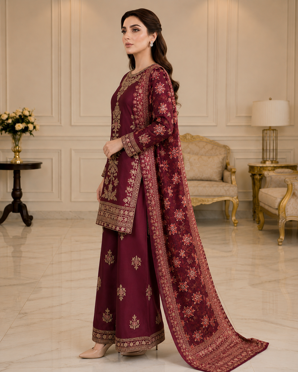 Embroidered Pure Cotton 3-Piece Suit | Tilla & Sequin Work with Digital Print Dupatta & Palazzo