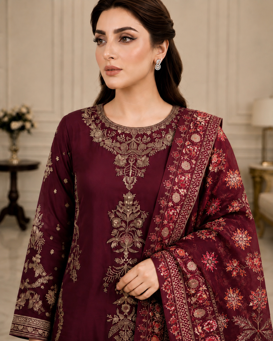 Embroidered Pure Cotton 3-Piece Suit | Tilla & Sequin Work with Digital Print Dupatta & Palazzo