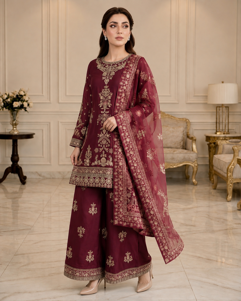 Embroidered Pure Cotton 3-Piece Suit | Tilla & Sequin Work with Digital Print Dupatta & Palazzo
