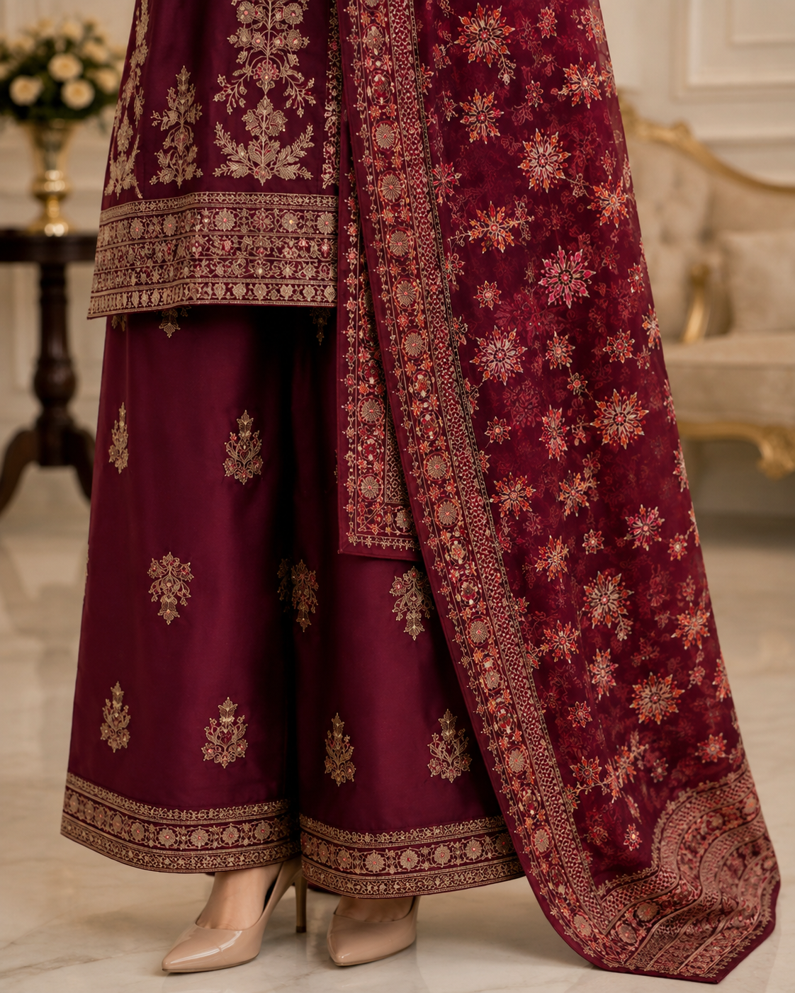 Embroidered Pure Cotton 3-Piece Suit | Tilla & Sequin Work with Digital Print Dupatta & Palazzo