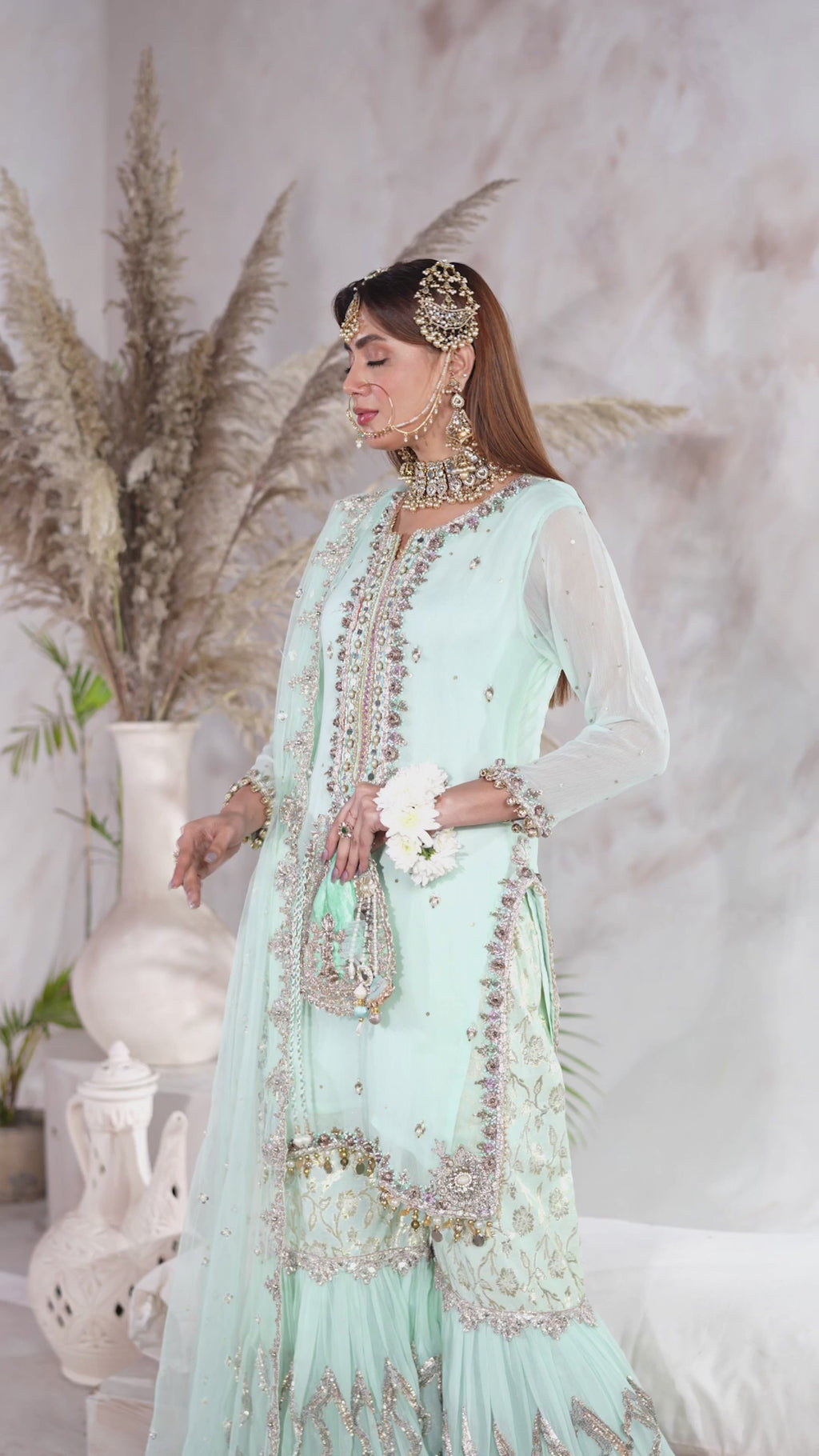 Khuda Baksh | Turquoise Kora Dabka & Gotta Handwork Pure Chiffon Sharara Suit | Luxury Wedding Pret | 3-Piece Ready to Wear