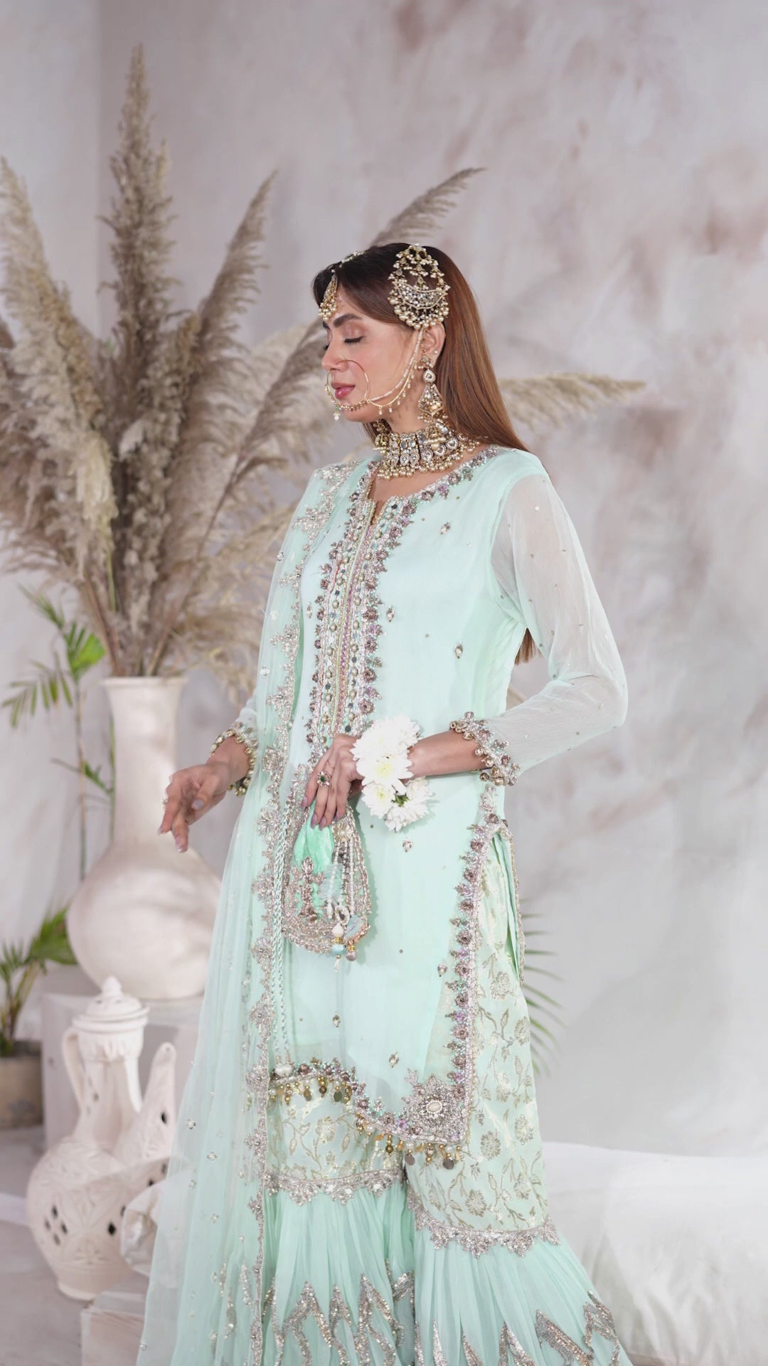 Khuda Baksh | Turquoise Kora Dabka & Gotta Handwork Pure Chiffon Sharara Suit | Luxury Wedding Pret | 3-Piece Ready to Wear