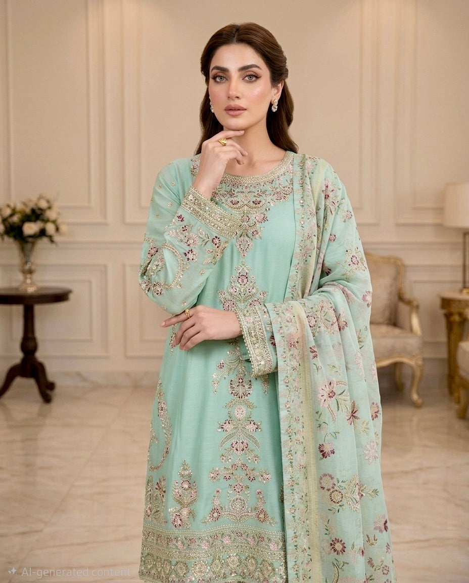 Embroidered Pure Cotton 3-Piece Suit | Tilla & Sequin Work with Digital Print Dupatta & Palazzo