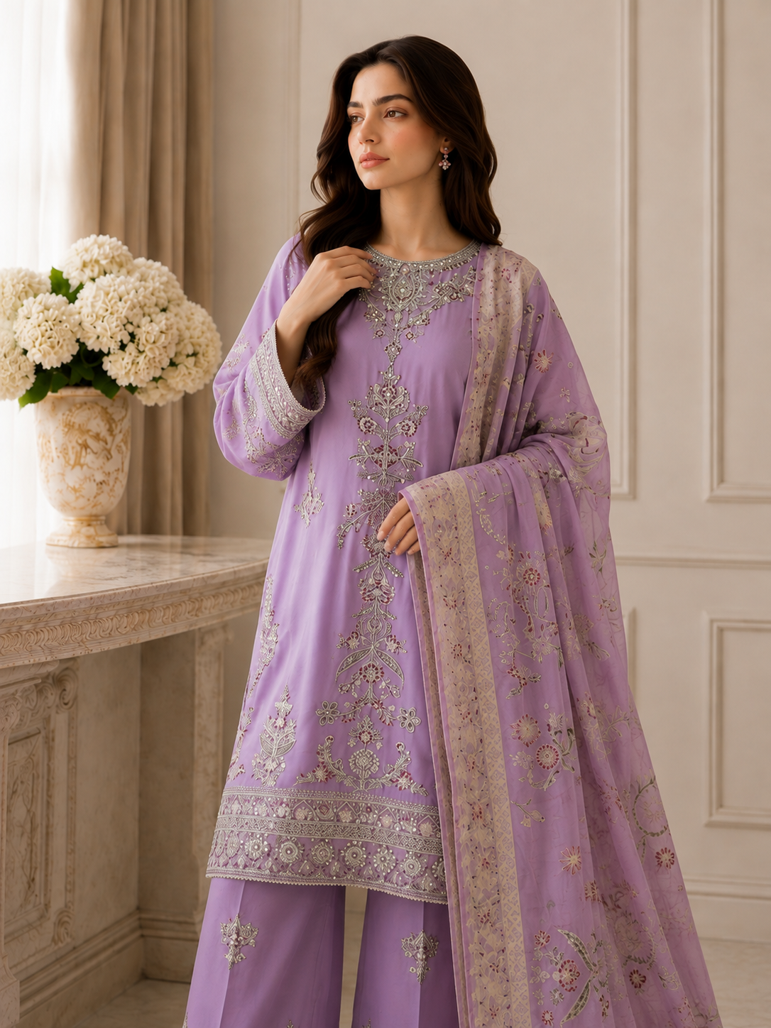 Embroidered Pure Cotton 3-Piece Suit | Tilla & Sequin Work with Digital Print Dupatta & Palazzo