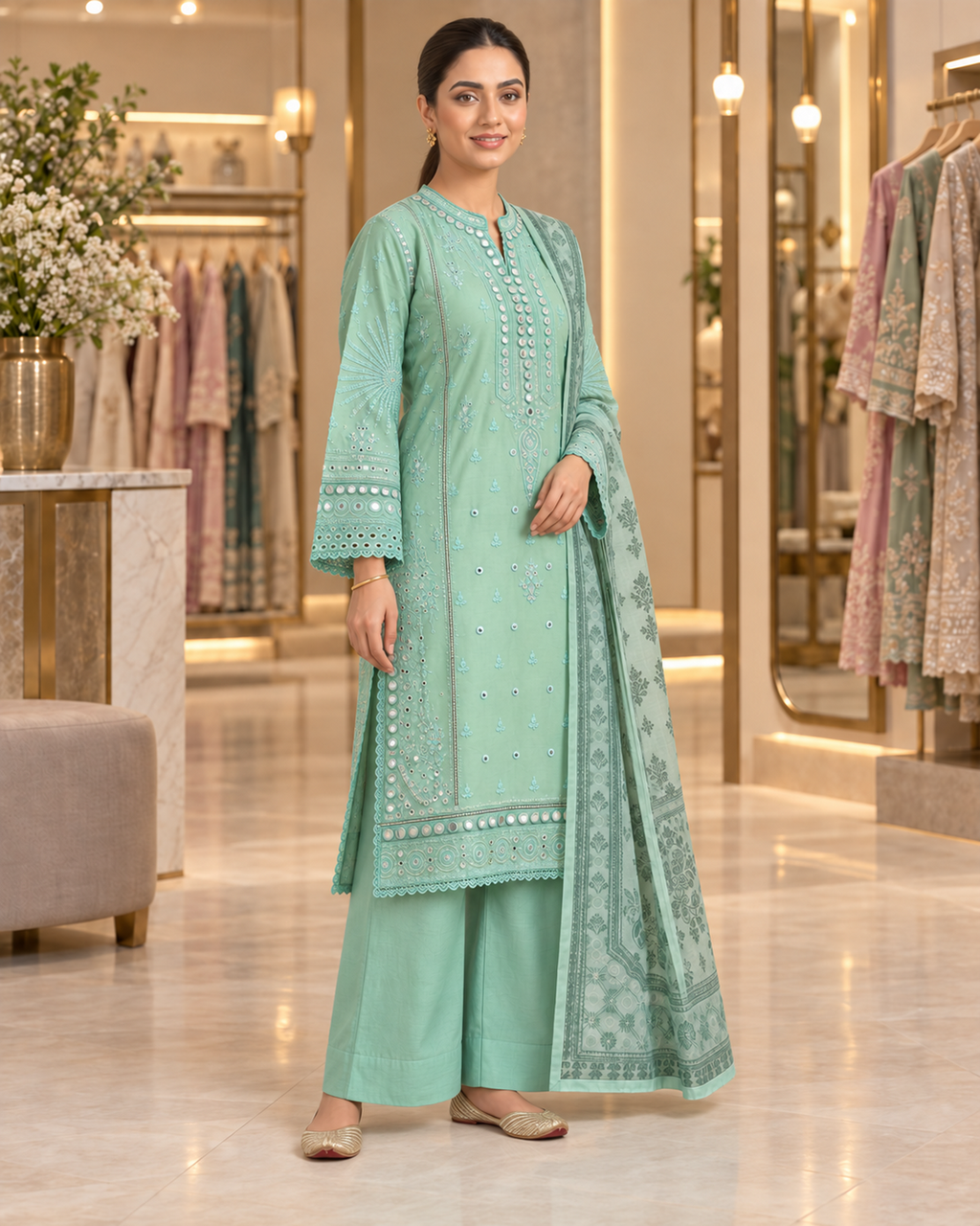 Mirror Work Embroidered Pure Cotton 3-Piece Suit | Digital Print Chiffon Dupatta | Mint Green