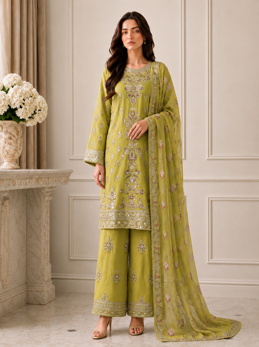 Embroidered Pure Cotton 3-Piece Suit | Tilla & Sequin Work with Digital Print Dupatta & Palazzo