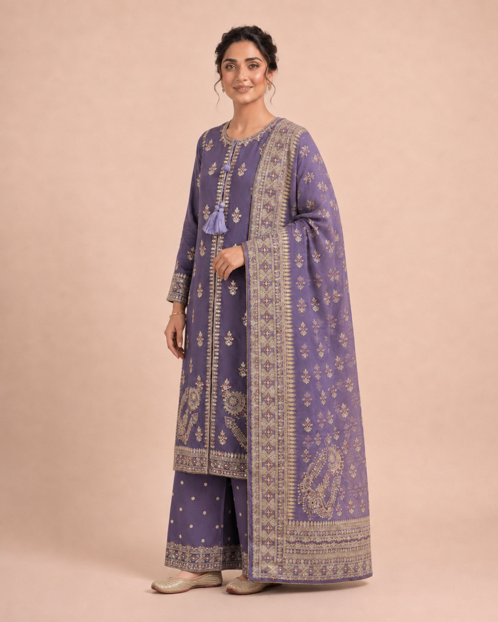 Embroidered Pure Cotton 3-Piece Suit | Flared Palazzo & Digital Print Chiffon Dupatta