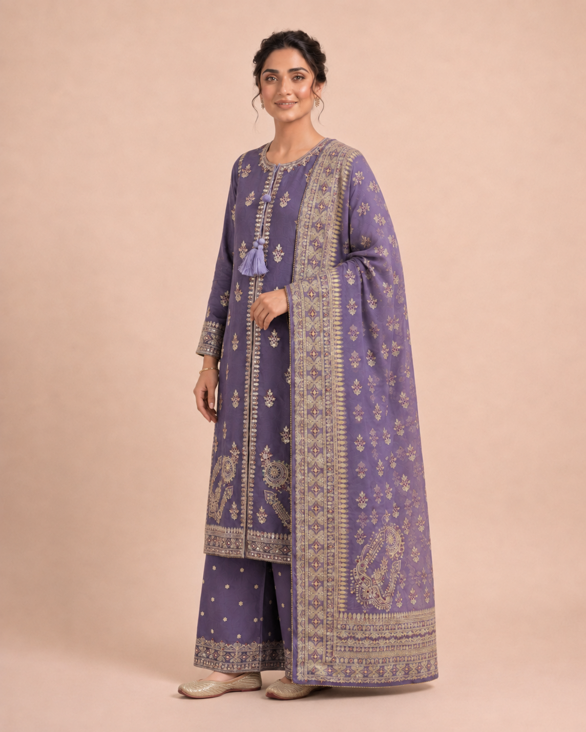 Embroidered Pure Cotton 3-Piece Suit | Flared Palazzo & Digital Print Chiffon Dupatta
