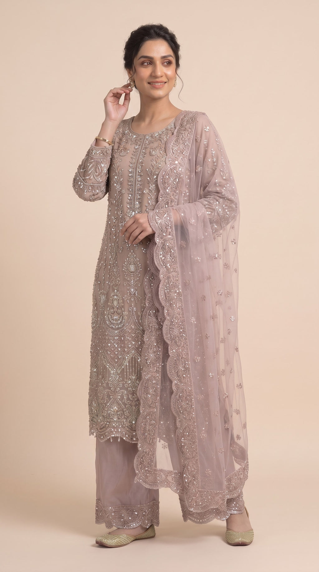 Dusty Rose (Tea Pink) Heavily Hand-Embroidered Chiffon 3-Piece Suit | Raw Silk Palazzo & Net Scalloped Dupatta⁠