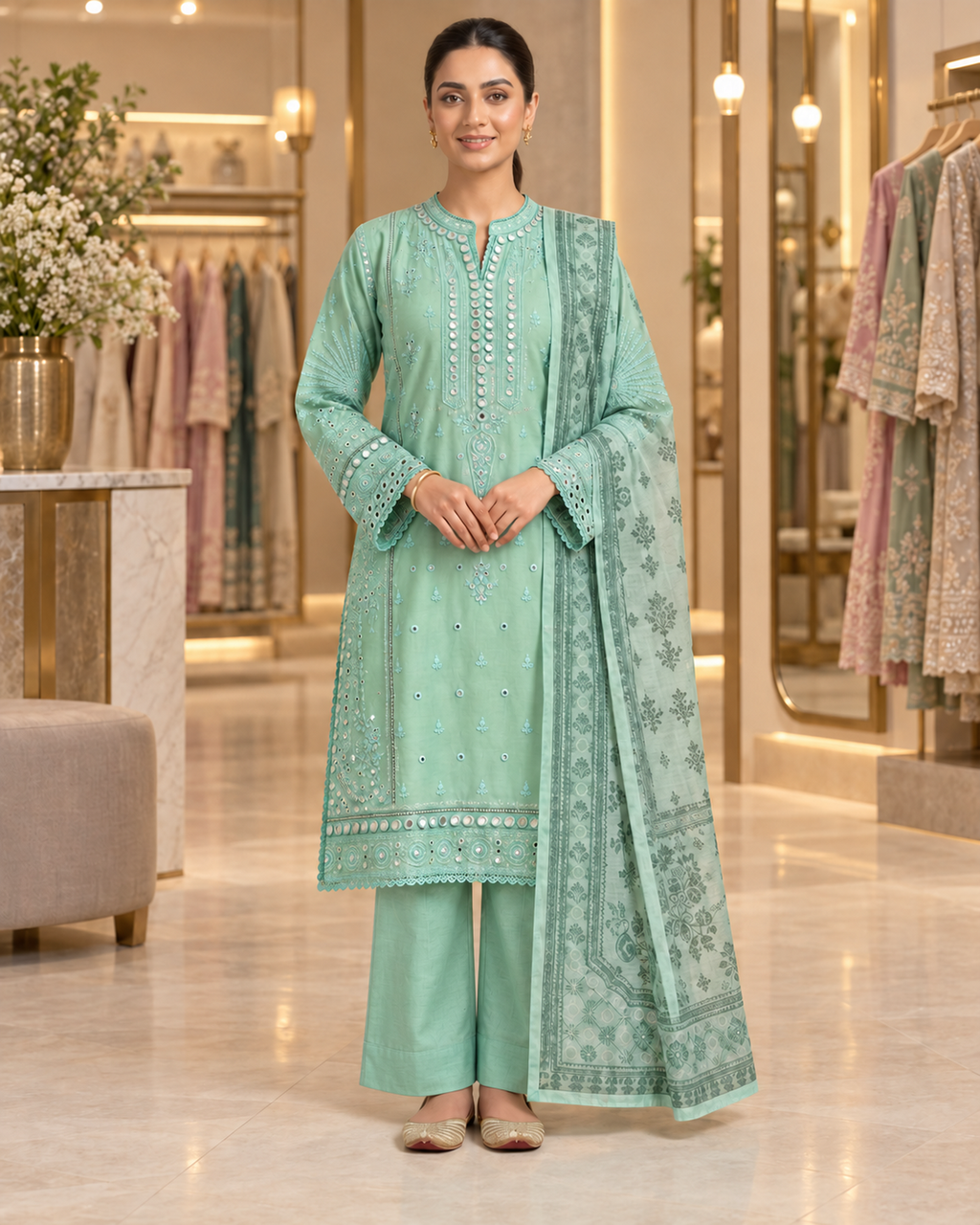 Mirror Work Embroidered Pure Cotton 3-Piece Suit | Digital Print Chiffon Dupatta | Mint Green