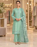 Mirror Work Embroidered Pure Cotton 3-Piece Suit | Digital Print Chiffon Dupatta | Mint Green