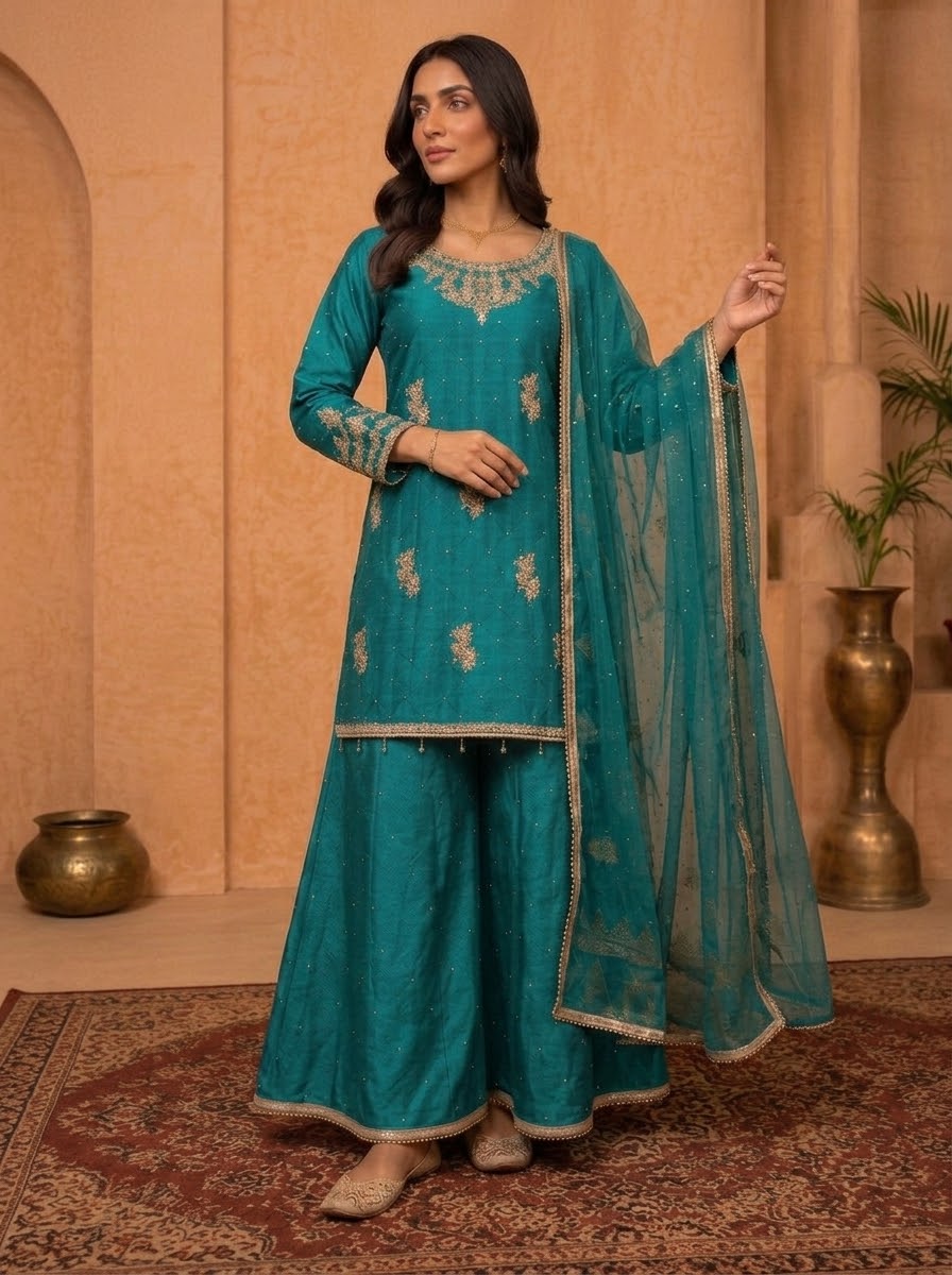 Sea Green (Teal) Handcrafted Slub Silk Sharara | Luxury Pret | 3-Piece